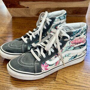 Grey With Hawaiian Print Vans Old Skool Hi tops. Men’s 6.5. Women’s 8.